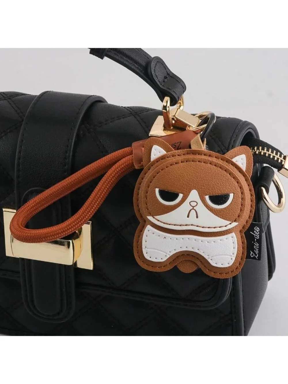 Adorable Brown Cat Keychain Charm, PU Leather Pendant with Wrist Loop, Perfect